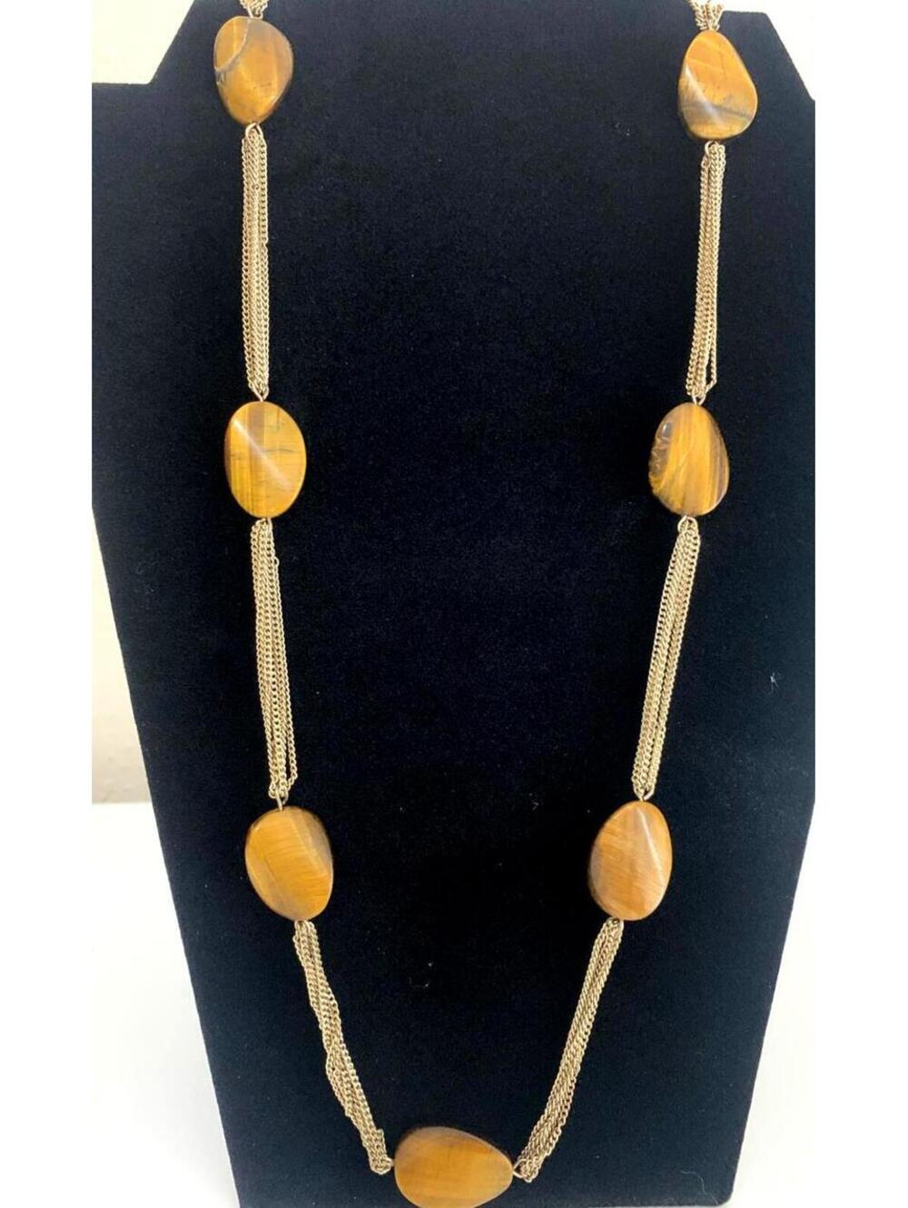 Vintage Tiger Eye Necklace Long Gold Chain Statement 70s Boho
